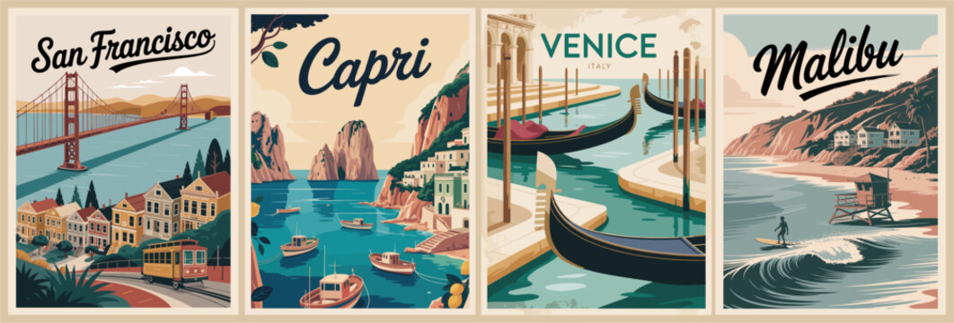 Set of Travel destination posters in retro style. Capri, Venice, Italy, San Francisco, Malibu, USA colorful landscape prints. Flat vector art illustrations