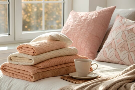 Stack of cozy folded blankets and soft pillows on a bed with a cup of tea and warm morning light coming through the window, creating a peaceful scene - Powered by Adobe