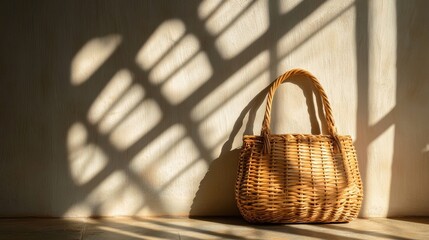 Woven Bag in Sunlight: A handcrafted woven bag rests against a wall, bathed in the warm glow of sunlight streaming through a nearby window, casting dramatic shadows. 