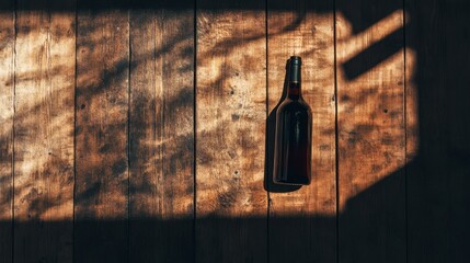 Wine Bottle on Wooden Surface: A sleek wine bottle rests upon a weathered wooden surface, the scene enriched by the interplay of light and shadow. A testament to simplicity and a call to indulgence.