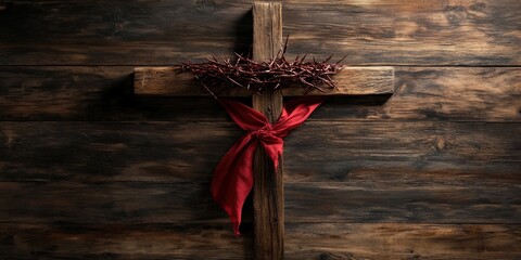 Symbol of Sacrifice: A rustic wooden cross adorned with a crown of thorns and a vibrant red ribbon, presented against a backdrop of weathered wood.