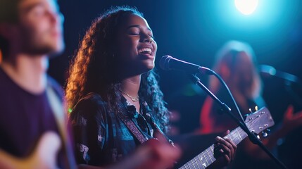 Musical Passion Unleashed: A charismatic African American musician captivates the crowd with her dynamic performance on stage, illuminated by vibrant lights and fueled by raw passion.