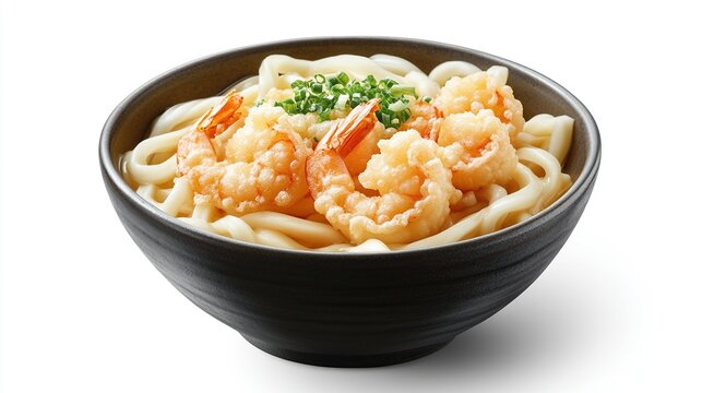Dark bowl of udon noodles with tempura shrimp