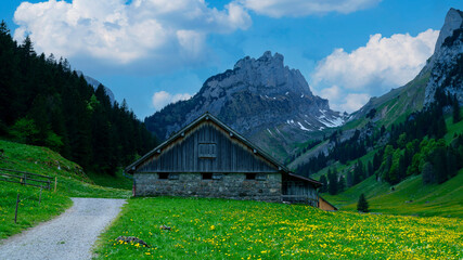 Beautiful mountain landscape with a rustic cabin surrounded by green fields and majestic peaks under a clear sky