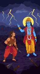 Fototapeta premium Krishna and Arjuna on the Battlefield of Kurukshetra