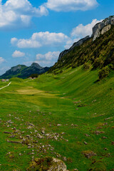 Scenic landscape of rolling green hills and rocky cliffs under a bright blue sky in a tranquil mountainous region