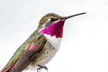 Fototapeta premium Red-billed hummingbird in flight, a small green bird with ruby throat, beak, and wings, captured hovering near a flower