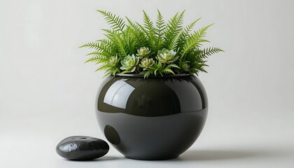 Elegant Fern and Succulent Arrangement in a Modern Black Pot