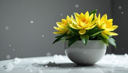 Bright yellow water lily flowers positioned next to a perfectly smooth marble surface, covered in snow, winter
