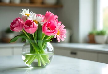 Fototapeta premium A shiny spherical glass vase filled with bright pink tulips and daisies, positioned on a marble countertop in a brightly lit kitchen