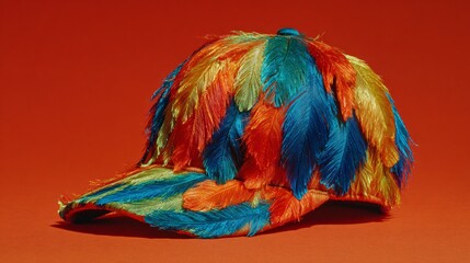 Fototapeta premium Colorful Feathered Cap with Bright Shades on Vibrant Background