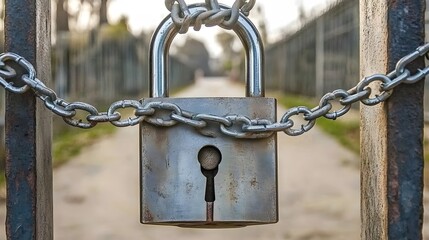 Rusty Padlock Secured with Chain on Metal Gate