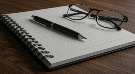 A black spiral-bound notebook with a black pen and eyeglasses resting on a wooden surface. A professional individual's workspace featuring planning and organization tools.