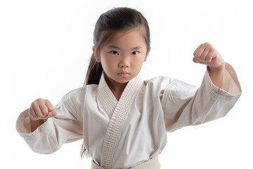 Young girl demonstrating karate stance in a training session at a martial arts dojo during daytime