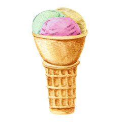 Watercolor hand drawn illustration with three balls of lemon, strawberry, pistachio ice cream in a waffle cone. National ice cream day. Can be used on fabrics and paper products and other. 