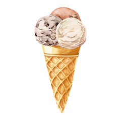 Watercolor hand drawn illustration with three balls of vanila, chocolate, cookies ice cream in a waffle cone National ice cream day. Can be used on fabrics and paper products and other. 