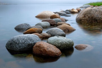 Smooth, colorful rocks create a tranquil path into misty waters in a calming landscape scene.