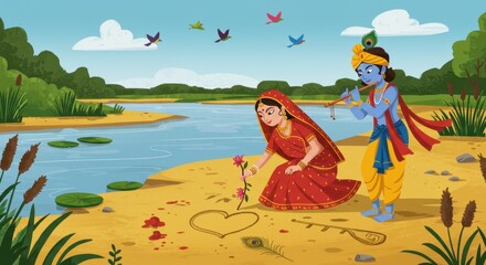 Krishna and Radha's Idyllic Riverbank Romance