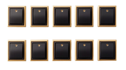  Nine Gold and Black Light Switches Isolated on Transparent Background
