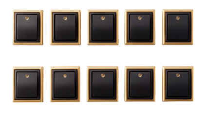  Nine Gold and Black Light Switches Isolated on Transparent Background