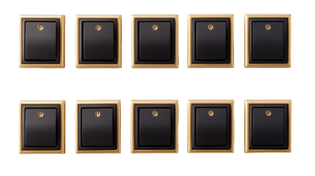  Nine Gold and Black Light Switches Isolated on Transparent Background