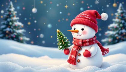Obraz premium Cute snowman wearing red hat and scarf, holding small Christmas tree, surrounded by snowy landscape and festive lights