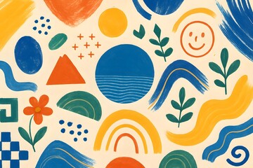 Naklejka premium Playful Abstract Pattern with Geometric Shapes Botanical Elements and a Smiley Face created by Generative AI. 
