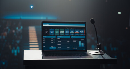 Establishing Shot with a Laptop Computer Screen Showing Business Analytics on Display. Device...