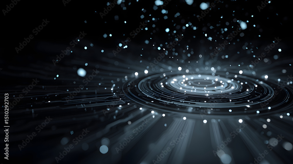 Poster abstract digital portal: a luminous, futuristic scene with concentric circles and dynamic particles.