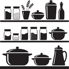 Black and white illustration of kitchenware on three shelves against white