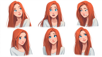 
character design sheets featuring red haired woman with multiple facial expressions and poses in cartoon illustration style