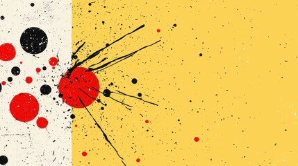 Abstract Red And Black Paint Splatter On Yellow And Off White Background