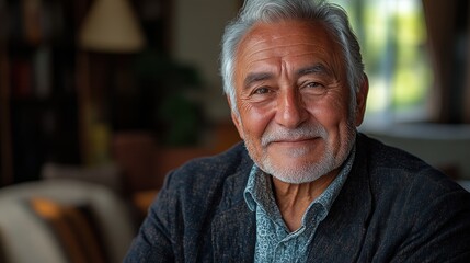 Smiling Senior Man Indoors, Blurred Home Background