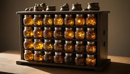 Vintage Shelf Displaying Illuminated Glass Jars With Amber Contents