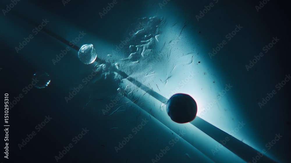 Poster celestial echoes: an ethereal composition, three orbs of varying sizes float weightlessly in a darke