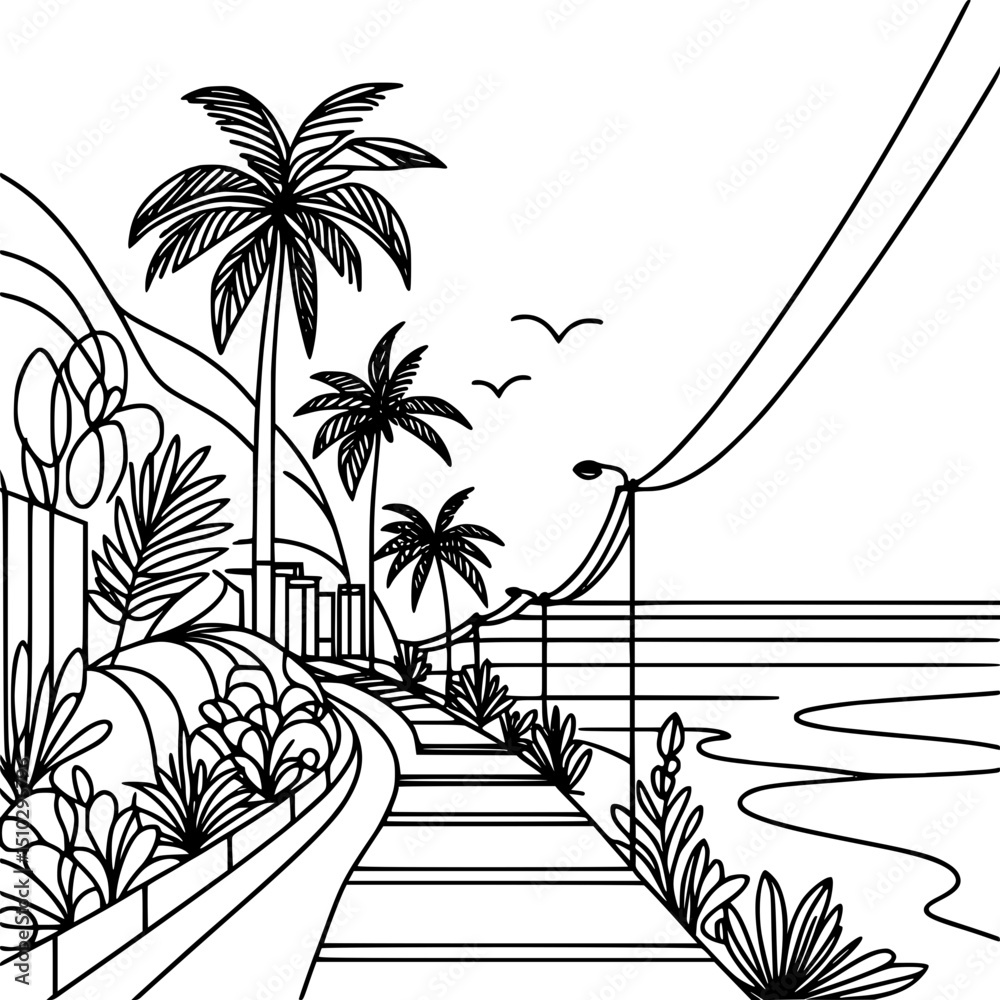 Poster scenic coastline with palm trees and pathway in line art style concept of single line outline vector