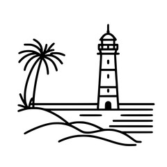 Lighthouse with palm tree on sandy beach in single line outline vector  