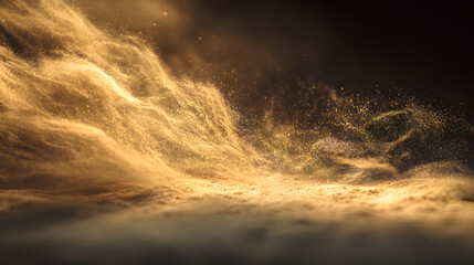 Naklejka premium Golden Dust Storm: A breathtaking vista of a golden dust storm, billowing across a desert landscape, creating a surreal and dramatic scene.
