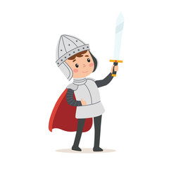 Cartoon boy in knight costume with sword and helmet. Vector illustration in children's style on white background