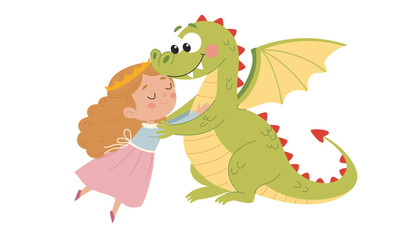 Vector illustration of a little girl hugging a dragon. Isolated on white background.