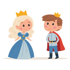 Cute little boy and girl in princess costume. Vector illustration in children's style on white background