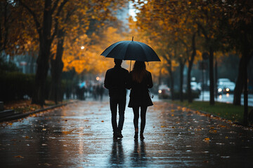 Couple walking in the rain under a single umbrella silhouette