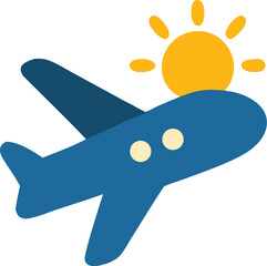Blue airplane flying toward a yellow sun suitable for travel brochures, transportation websites, and adventurethemed graphic designs