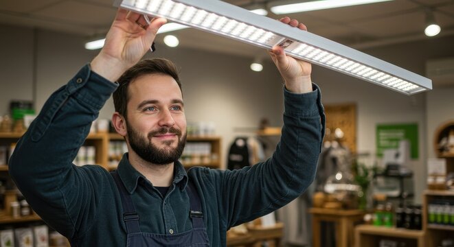 Electrician Installing Modern LED Light Fixture in a Store