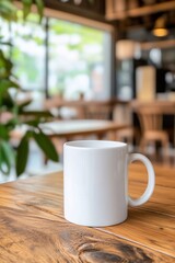 Fototapeta premium Empty white coffee mug on a wooden table in a cafe