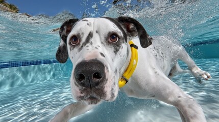 Dog is swimming in a pool with a yellow leash. The dog is looking up at the camera