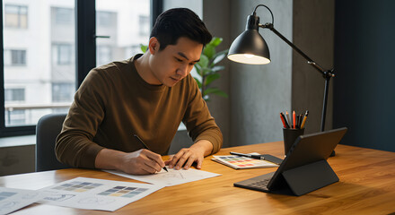 Young Man Working on Creative Design in Modern Office with Natural Light