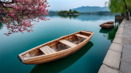 Wooden boat sits in the water next to a pier. The water is calm and the sky is cloudy