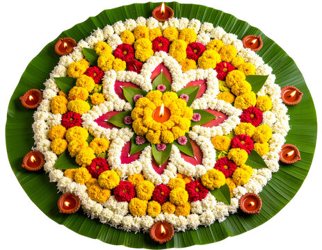 Artistic Onam Pookkalam with Intricate Layers and Diya Lamps Placed Around, isolated on a transparent background