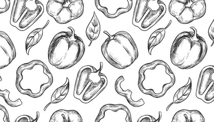 Hand drawn horizontal vector pattern featuring bell peppers and leaves. Black and white style with a focus on natural shapes and details 